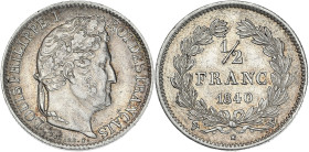 Louis-Philippe 1er - 1/2 franc 1840 W (Lille)
Différent Caducée.

Argent - 2,52 grs - 18 mm
F.182-87 / G.408
SUP-

Rare ! Exemplaire nettoyé (hairline...