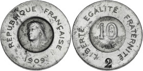 François Rude - ESSAI 10 centimes 1909
R/ Poinçon "2" en repère d'essai de frappe.

Aluminium - 1,82 grs - 21 mm
GEM.35.5
TTB

Nettoyée.
