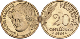 Concours de Baron - ESSAI 20 centimes 1961
Avec le mot ESSAI.

Bronze-aluminium - 4,00 grs - 23,5 mm
GEM.55.2
SPL