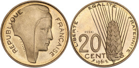 Concours de Coeffin - ESSAI 20 centimes 1961
Avec le mot ESSAI.

Bronze-aluminium - 4,00 grs - 23,5 mm
GEM.55.6
SPL