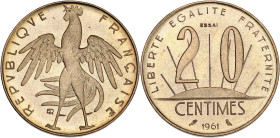 Concours de Rousseau - ESSAI 20 centimes 1961
Avec le mot ESSAI.

Bronze-aluminium - 4,00 grs - 23,5 mm
GEM.55.14
SPL