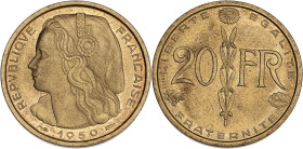 Concours de Simon - ESSAI 20 francs 1950
Avec le mot ESSAI.

Bronze-aluminium - 4,00 grs - 23,5 mm
GEM.209.2
SUP+