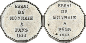 ESSAI de monnaie à pans 1938
Epaisseur : 3 mm

Cupro-nickel - 7,06 grs - 20 mm
GEM.271.3
SUP