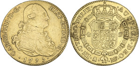 Espagne, Charles IV - 4 escudos 1795 (Madrid)

Or (875/1000) - 13,36 grs - 29 mm
Calico.1478
TB+

Traces de soudure au revers.