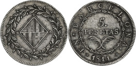 Espagne, Barcelone, Joseph Napoléon - 5 pesetas 1811

Argent - 26,80 grs - 40 mm
KM19.69
TTB

Monnayage recherché ! Trace sur la tranche à 10h.