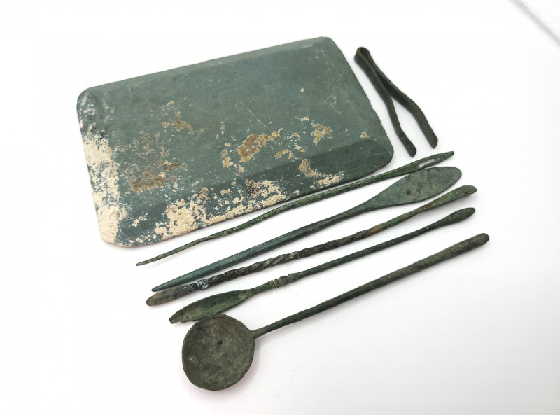 Roman Medical Implements and Palette
1st-4th Century AD
A bronze medical instru...