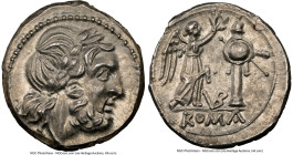 Anonymous (ca. 211-208 BC). AR victoriatus (17mm, 3.13 gm, 2h). NGC MS 5/5 - 5/5. Rome. Laureate head of Jupiter right; dotted border / Victory standi...