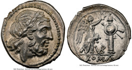 Anonymous (ca. 211-208 BC). AR victoriatus (18mm, 3.27 gm, 3h). NGC MS 5/5 - 5/5. Rome. Laureate head of Jupiter right; dotted border / Victory standi...