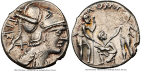 Ti. Veturius (ca. 137 BC). AR denarius (18mm, 3.94 gm, 4h). NGC AU 4/5 - 4/5. Rome. TI•VET (VET ligate), draped bust of Mars right, wearing crested Co...