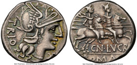 Cn. Lucretius Trio (ca. 136 BC). AR denarius (18mm, 3.91 gm, 11h). NGC Choice VF 5/5 - 4/5. Rome. TRIO, head of Roma right, wearing pendant earring, b...