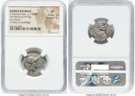 C. Aburius Geminus (ca. 134 BC). AR denarius (20mm, 3.91 gm, 8h). NGC XF 5/5 - 5/5. Rome. GEM, head of Roma right, wearing pendant earring, beaded nec...