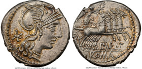 P. Maenius Antiaticus (ca. 132 BC). AR denarius (20mm, 3.95 gm, 12h). NGC MS 5/5 - 3/5, slight bend. Rome. Head of Roma right, wearing pendant earring...