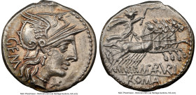 M. Aburius Geminus (ca. 132 BC). AR denarius (19mm, 3.76 gm, 12h). NGC Choice AU 5/5 - 3/5, edge chip. Rome. GEM, head of Roma right, wearing pendant ...