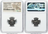 C. Cassius (ca. 126 BC). AR denarius (17mm, 3.81 gm, 1h). NGC VF 5/5 - 2/5, scratches. Rome. Head of Roma right, wearing earring, beaded necklace, and...