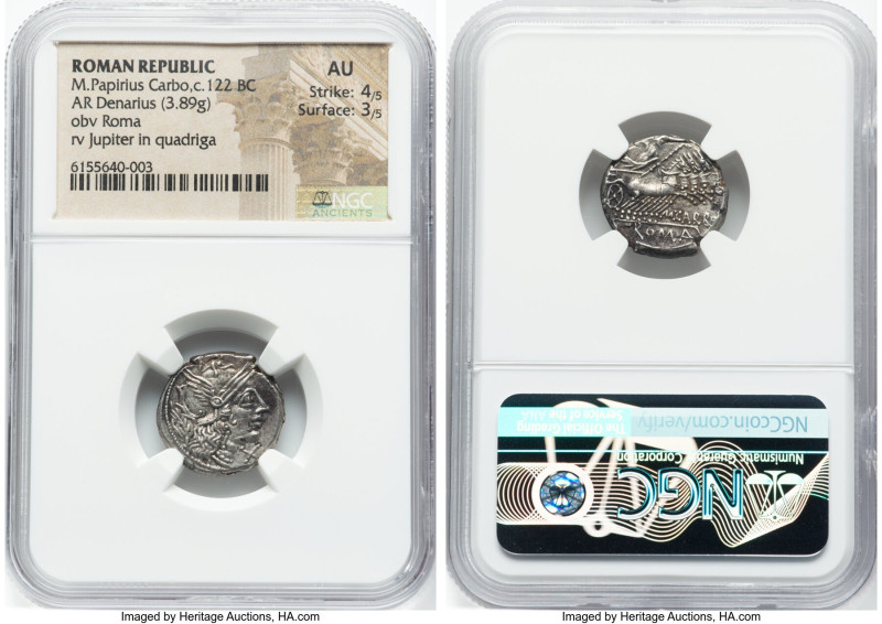 M. Papirius Carbo (ca. 122 BC). AR denarius (17mm, 3.89 gm, 6h). NGC AU 4/5 - 3/...