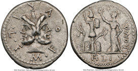 M. Furius L.f. Philus (ca. 121-119 BC). AR denarius (19mm, 3.86 gm, 5h). NGC Choice VF 5/5 - 4/5, flan flaw. Rome. M•FOVRI•L•F, laureate head of Janus...