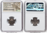 M. Herennius (ca. 108-107 BC). AR denarius (17mm, 3.85 gm, 12h). NGC Choice VF 4/5 - 3/5, edge marks. Rome. PIETAS (TA ligate), head of Pietas right, ...