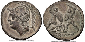 Q. Minucius Thermus M.f. (ca. 103 BC). AR denarius (19mm, 3.75 gm, 4h). NGC AU 5/5 - 3/5. Rome. Head of Mars left, wearing crested helmet decorated wi...