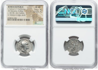 C. Fabius C. f. Hadrianus (ca. 102 BC). AR denarius (21mm, 3.83 gm, 10h). NGC Choice VF 4/5 - 4/5. Rome. EX•A•PV, turreted, veiled, and draped bust of...