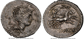 M. Lucilius Rufus (ca. 101 BC). AR denarius (21mm, 6h). NGC XF. Rome. Head of Roma right, wearing beaded necklace and winged helmet decorated with gri...
