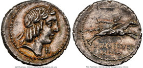 L. Calpurnius Piso Frugi (ca. 90 BC). AR denarius (19mm, 4.01 gm, 5h). NGC AU 5/5 - 5/5. Rome. Laureate head of Apollo right; H below chin / L•PISO FR...