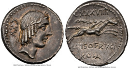 L. Calpurnius Piso Frugi (ca. 90 BC). AR denarius (17mm, 3.95 gm, 2h). NGC Choice XF 5/5 - 5/5. Rome. Laureate head of Apollo right; CXV behind / L•PI...