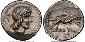 L. Calpurnius Piso Frugi (ca. 90 BC). AR denarius (18mm, 7h). NGC Choice XF. Rome. Laureate head of Apollo right; cornucopia behind / L•PISO FRVGI, ho...