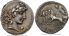 C. Vibius C. f. Pansa (ca. 90 BC). AR denarius (18mm, 3.89 gm, 11h). NGC XF 4/5 - 5/5. Rome. PANSA, laureate head of Apollo right with flowing hair; a...