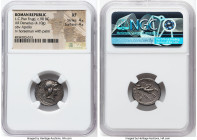 L. Calpurnius Piso Frugi (ca. 90 BC). AR denarius (17mm, 4.10 gm, 1h). NGC XF 4/5 - 4/5. Rome. Laureate head of Apollo right; XX behind / L•PISO FRVGI...