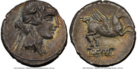 Q. Titius (ca. 90 BC). AR denarius (16mm, 2h). NGC Choice VF, edge filing, flan flaws. Rome. Head of Liber right, wearing ivy wreath / Q•TITI, Pegasus...