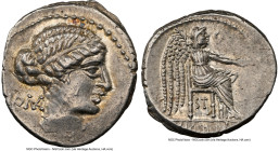 M. Porcius Cato (ca. 89 BC). AR denarius (18mm, 4.05 gm, 4h). NGC AU 4/5 - 4/5. Rome. ROMA (MA ligate), draped bust of Roma right, thin band in hair v...