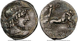 Cn. Lentulus Clodianus (ca. 88 BC). AR denarius (17mm, 11h). NGC Choice VF. Rome. Bust of Mars right, wearing crested Corinthian helmet pushed back on...
