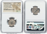 L. Julius Bursio (ca. 85 BC). AR denarius (19mm, 3.73 gm, 5h). NGC VF 5/5 - 4/5. Rome. Laureate, winged, draped bust of Apollo Vejovis right; trident ...