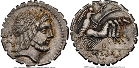 Q. Antonius Balbus (ca. 83-82 BC). AR serratus denarius (18mm, 4.01 gm, 7h). NGC AU 5/5 - 3/5, brushed. Rome. Laureate head of Jupiter right; S•C behi...