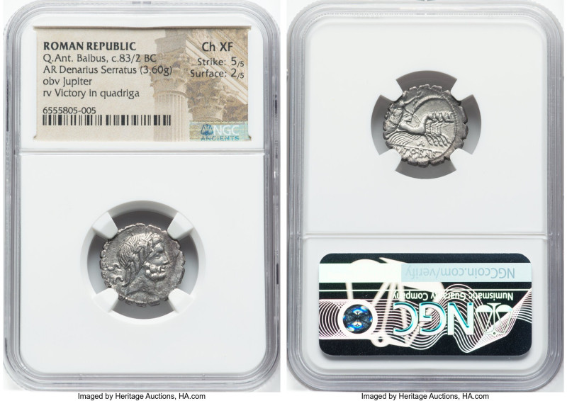 Q. Antonius Balbus (ca. 83-82 BC). AR serratus denarius (18mm, 3.60 gm, 7h). NGC...