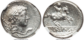 P. Crepusius (ca. 82 BC). AR denarius (17mm, 3.81 gm, 5h). NGC Choice MS 5/5 - 5/5. Rome. Laureate head of Apollo right, with scepter over shoulder; s...