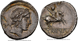 Pub. Crepusius (ca. 82 BC). AR denarius (18mm, 3.68 gm, 4h). NGC Choice AU 5/5 - 5/5. Rome. Laureate head of Apollo right, with scepter over shoulder;...