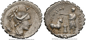 A. Postumius A.f. Sp.n. Albinus (ca. 81 BC). AR serratus denarius (19mm, 3.90 gm, 1h). NGC Choice XF 5/5 - 3/5, brushed. Rome. Draped bust of Diana ri...