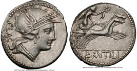 L. Rutilius Flaccus (ca. 77 BC). AR denarius (18mm, 3.80 gm, 4h). NGC XF 5/5 - 3/5, brushed. Rome. FLAC, head of Roma right, wearing pendant earring, ...
