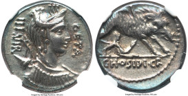 C. Hosidius C.f. Geta (ca. 68 or 64 BC). AR denarius (17mm, 3.92 gm, 6h). NGC Choice XF 4/5 - 4/5. Rome. GETA / III•VIR, draped bust of Diana right, w...