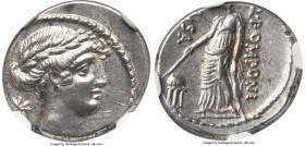 Q. Pomponius Musa (ca. 66 or 56 BC). AR denarius (16mm, 4.10 gm, 2h). NGC Choice AU 4/5 - 5/5. Rome. Laureate head of Apollo right; eight pointed star...