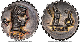 L. Roscius Fabatus (64/59 BC). AR serratus denarius (19mm, 3.79 gm, 5h). NGC Choice AU S 4/5 - 5/5. Rome. L ROSCI, head of Juno Sospita right, wearing...