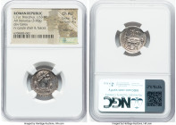 L. Furius Cn.f. Brocchus (ca. 63 BC). AR denarius (19mm, 3.90 gm, 7h). NGC Choice AU 5/5 - 4/5, edge cut. Rome. III-VIR / BROCCHI, draped bust of Cere...