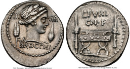 L. Furius Cn.f. Brocchus (ca. 63 BC). AR denarius (19mm, 3.82 gm, 7h). NGC Choice XF 4/5 - 3/5, brushed. Rome. III-VIR / BROCCHI, draped bust of Ceres...