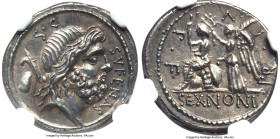 M. Nonius Sufenas (ca. 59/57 BC). AR denarius (18mm, 3.94 gm, 5h). NGC Choice AU 5/5 - 5/5. Rome. SVFENAS, head of Saturn right; baetyl, harpa, and S•...