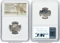 C. Memmius C.f. (ca. 56 BC). AR denarius (19mm, 3.80 gm, 7h). NGC AU 4/5 - 3/5, brushed. Rome. QVIRINVS-C•MEMMI•C•F•, laureate head of Quirinus right ...