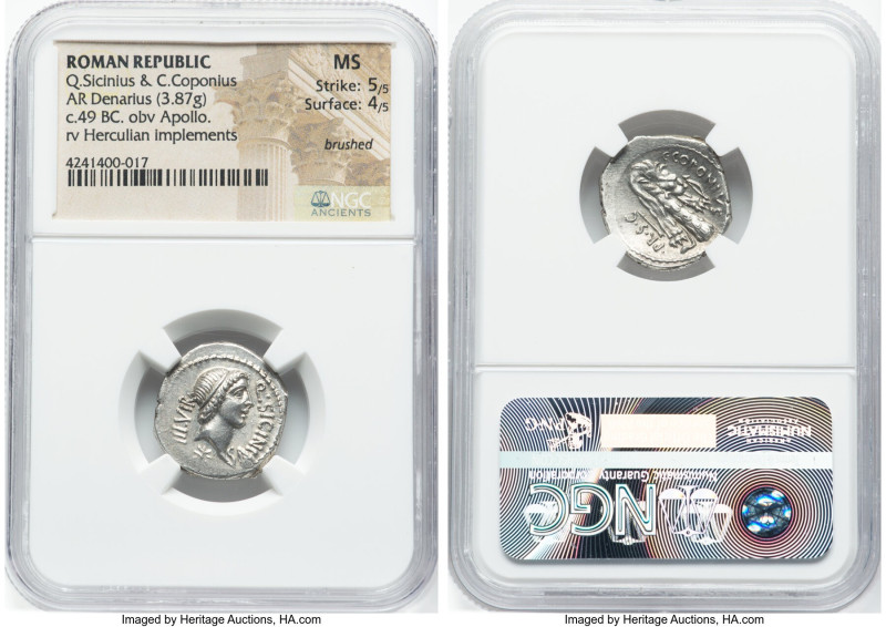 Q. Sicinius and C. Coponius (ca. 49 BC). AR denarius (19mm, 3.87 gm, 5h). NGC MS...