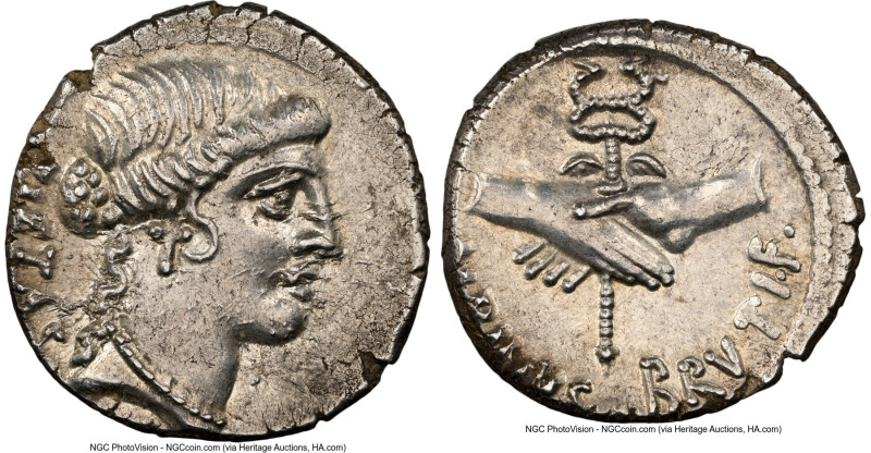 Albinus Bruti f. (ca. 48 BC). AR denarius (17mm, 3.76 gm, 10h). NGC Choice AU 4/...