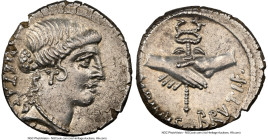 Albinus Bruti f. (ca. 48 BC). AR denarius (17mm, 3.76 gm, 10h). NGC Choice AU 4/5 - 5/5. Rome. PIETAS, head of Pietas right, wearing pendant earring a...