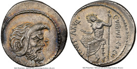 C. Vibius C.f. C.n. Pansa Caetronianus (ca. 48 BC). AR denarius (18mm, 3.76 gm, 3h). NGC Choice AU 4/5 - 4/5. Rome. PANSA, mask of Pan right / C•VIBIV...